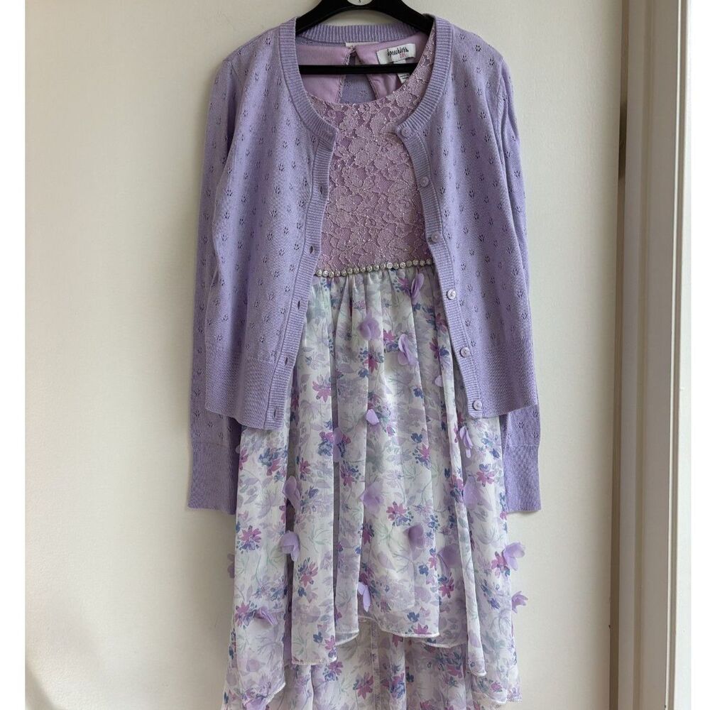 Speechless Lavender Lace High-Low Dress Cat & Jack Pointelle Cardigan Set Sz 7/8